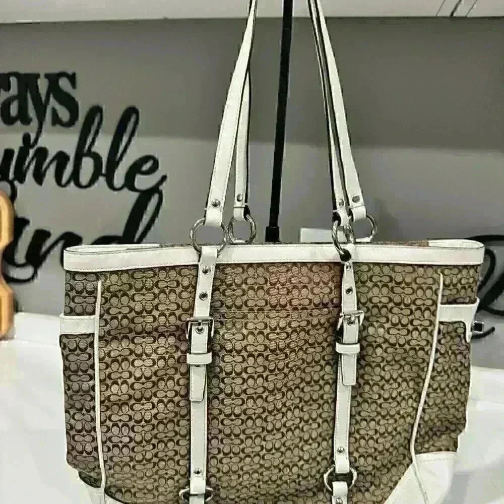 Coach Brown White Jacquard Leather Signature Tote Purse Shoulder Bag